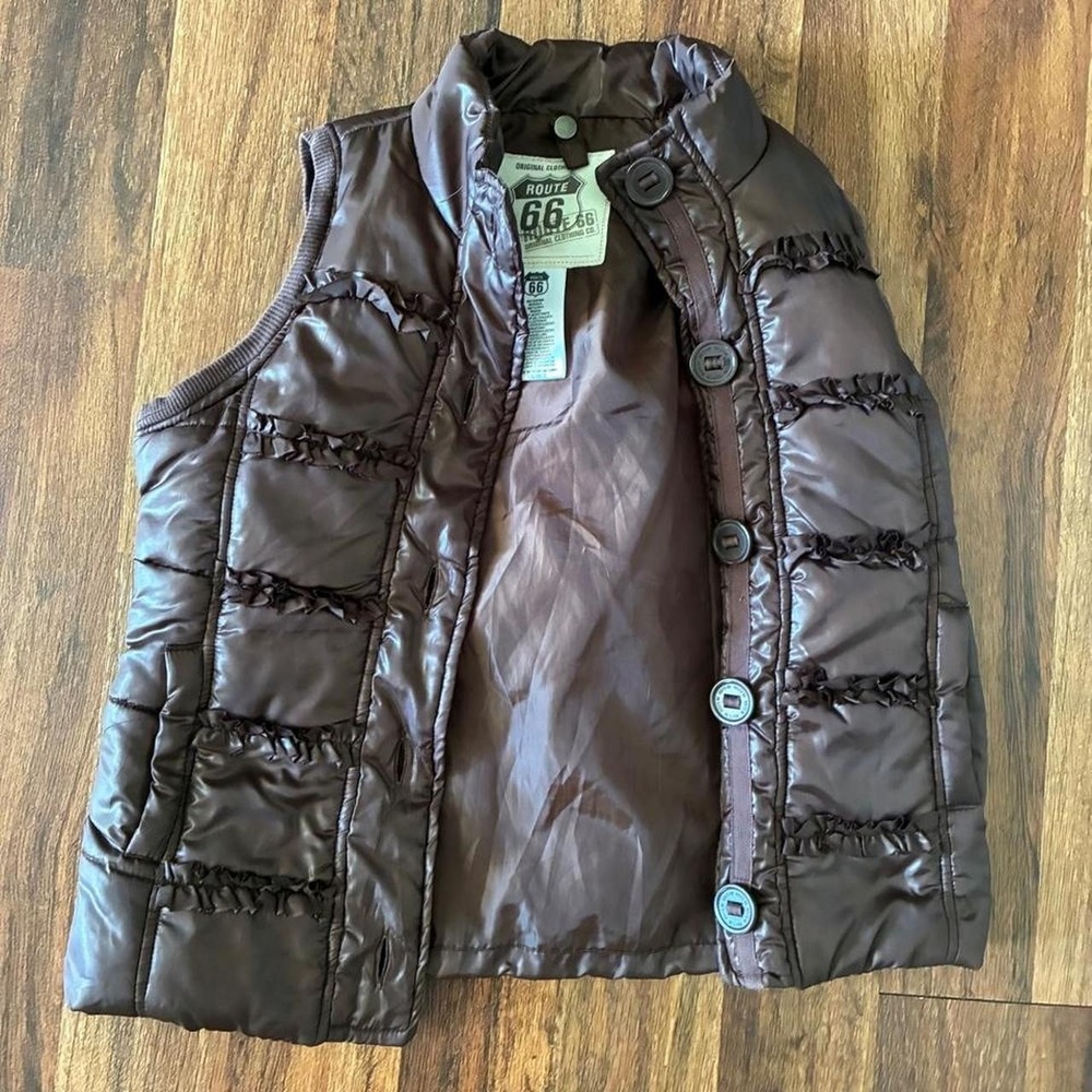 Route  66 brown Puffer Vest Ruffled Detail Y2K